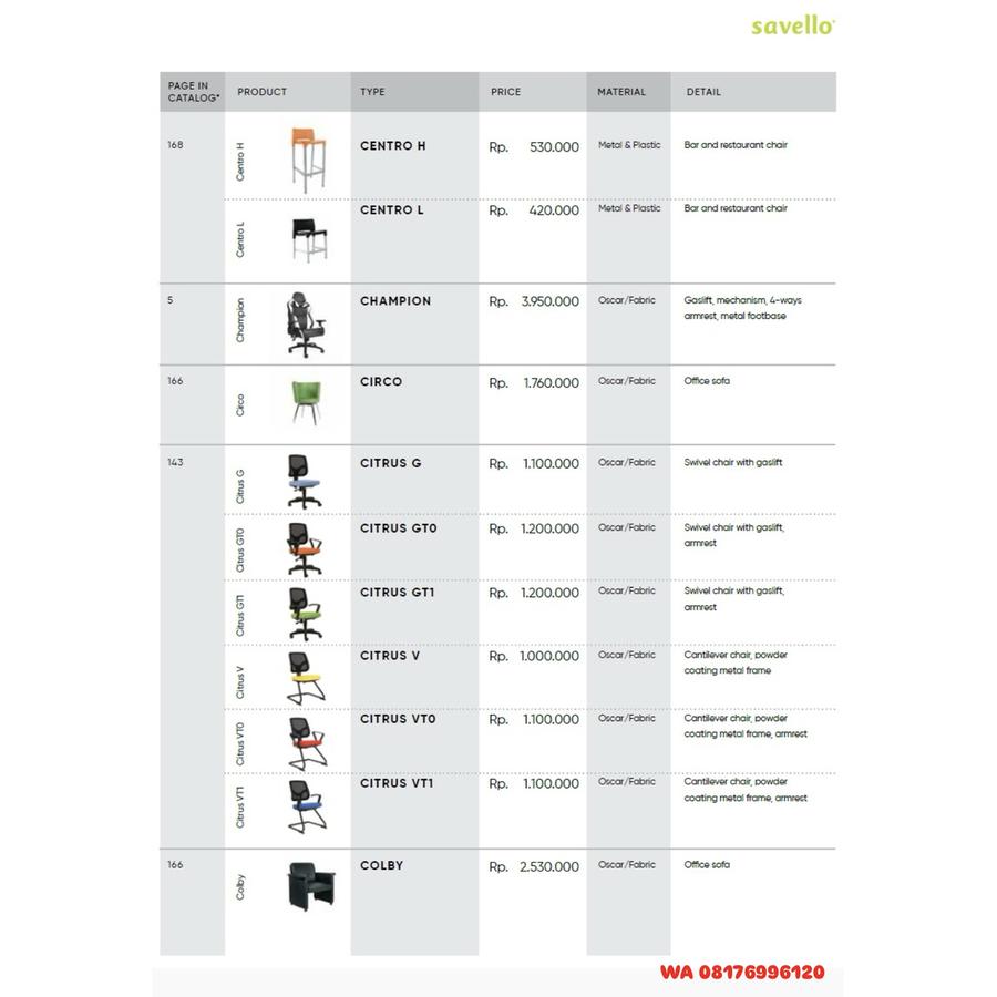 Kursi Kantor SAVELLO CENTRO H L, CHAMPION, CIRCO, CITRUS G GTO GT1 V VTO VT1, COLBY