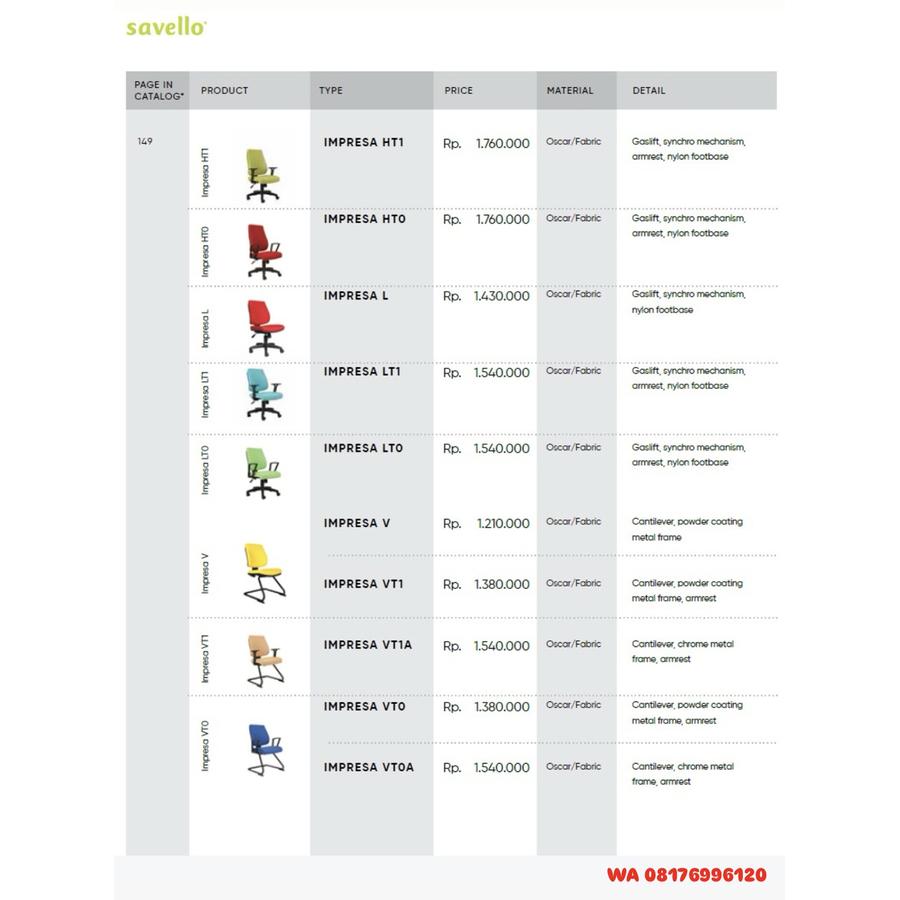 Kursi Kantor Savello IMPRESA HT1 HTO L LT1 LTO V VT1 VT1A VTO VTOA