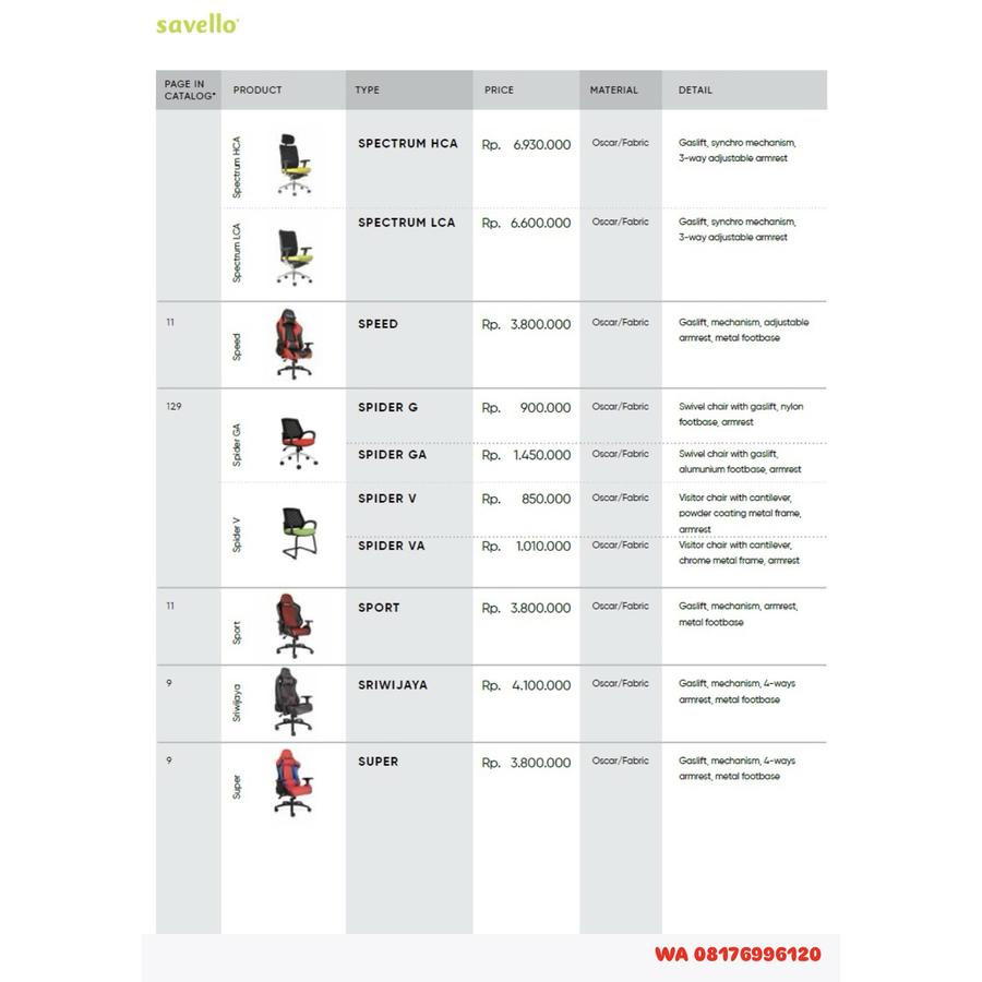 Kursi Kantor Savello SPECTRUM HCA LCA, SPEED, SPIDER G GA V VA, SPORT, SRIWIJAYA, SUPER