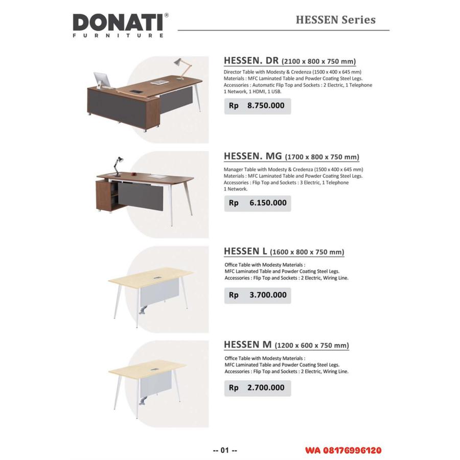 Meja Kantor Donati HESSEN. DR, MG, L, M, WS FIX 2P, WS 2P, WS 4P, WS 6P, MT 1, MT 2